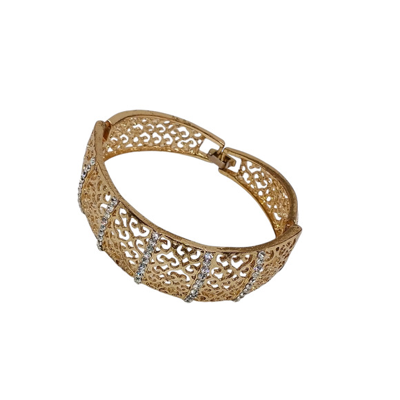 🍭3 for 20 - Gold Tone Filigree Clasp Bracelet Rhinestones 7" Sparkle Pretty - Picture 1 of 9